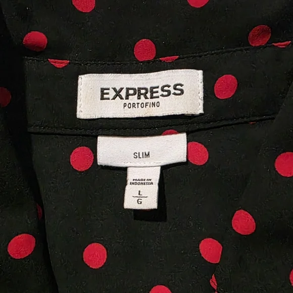 Express Black Red Polka Dot Slim Fit LP Blouse Roll Tab Large Petite - Picture 3 of 9